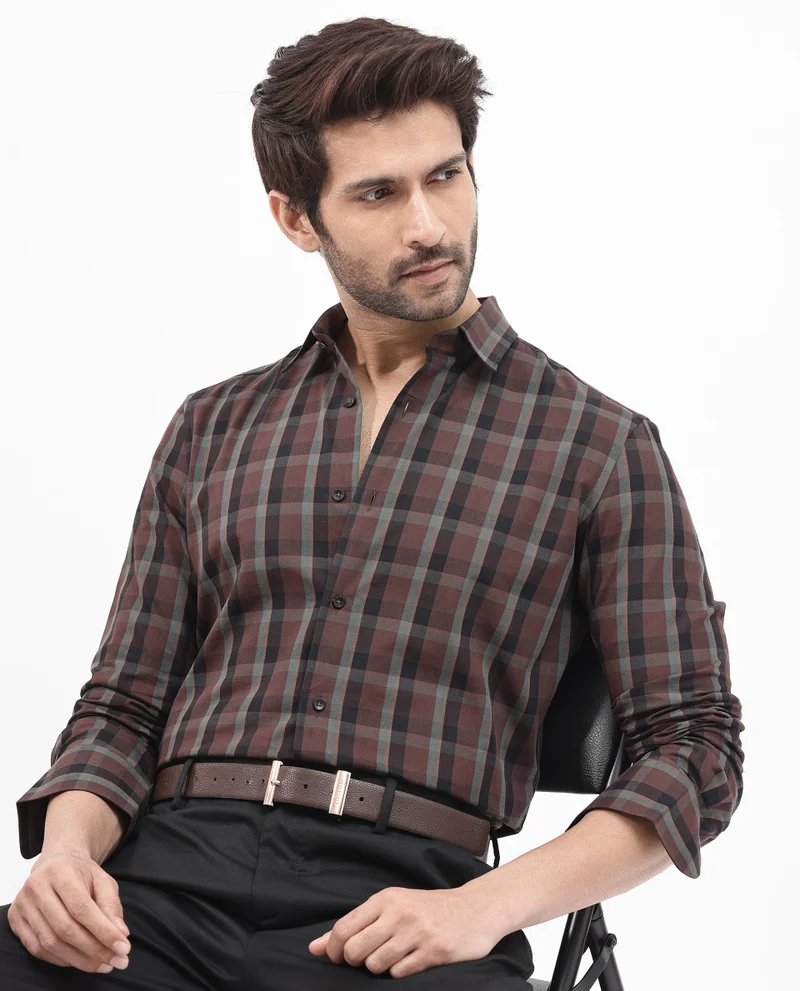 Rare Rabbit Rare Rabbit Men's Shiloh Brown Cotton Fabric Full Sleeve Regular Fit Checks Shirt