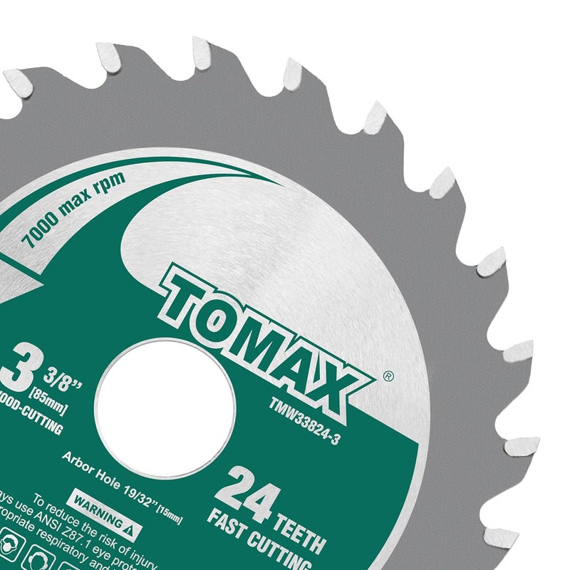 TOMAX (3 Pack) 3-3/8-inch 24T Circular Saw Blade, Carbide Tipped Fast Cut TCT Blade for Rockwell Versacut Versa Cut Rk3440k, Makita Cordless 3-3/8" Sh01w, Craftsman Nextec, Arbor Size 19/32-inch - Image 3