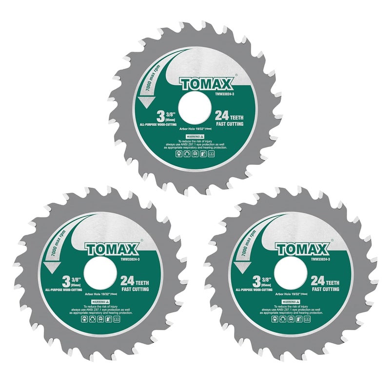TOMAX (3 Pack) 3-3/8-inch 24T Circular Saw Blade, Carbide Tipped Fast Cut TCT Blade for Rockwell Versacut Versa Cut Rk3440k, Makita Cordless 3-3/8" Sh01w, Craftsman Nextec, Arbor Size 19/32-inch - Image 1