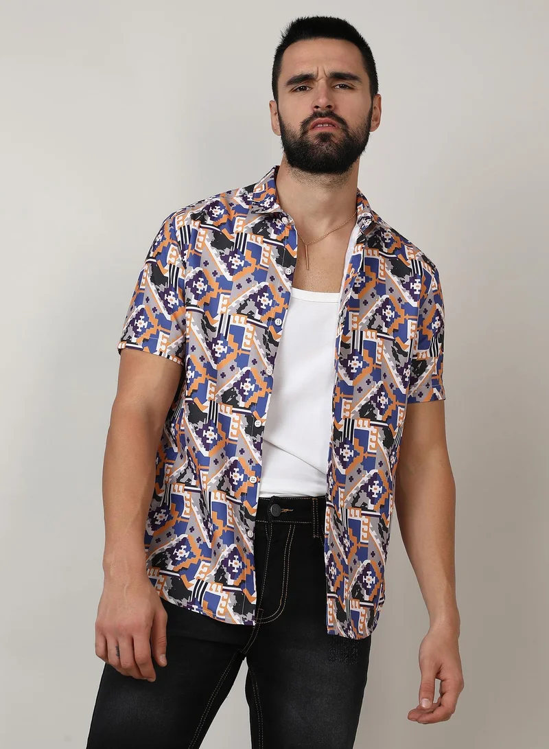 Campus Sutra Men's Sienna Brown & Indigo Blue Bohemian Shirt