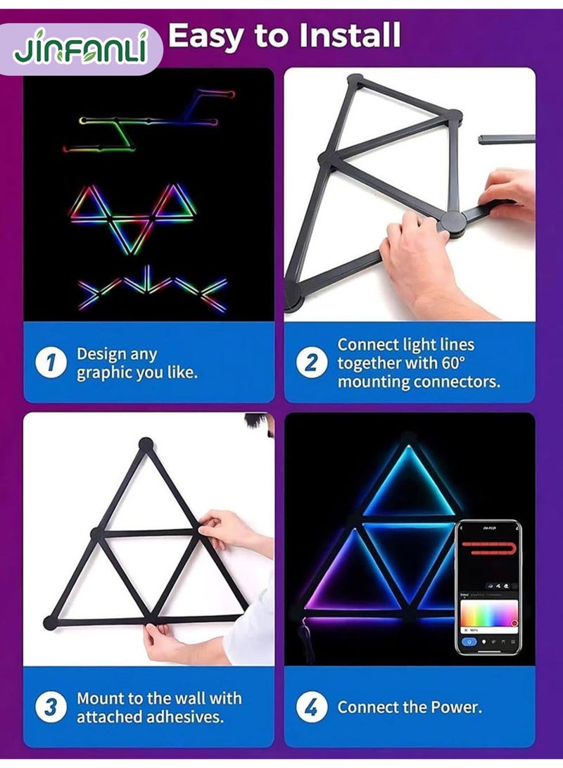 JINFANLI Smart Bluetooth RGB LED Wall Light Cord, Music Sync DIY Geometric Splicing Game Light, 16M+ Color Changing Home Decor Light, Works with Google Assistant, for Game Room, Bedroom - Set of 9, Black - Image 5