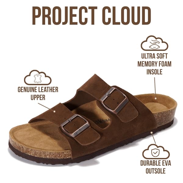 Project Cloud Genuine Leather Mens Sandals with Memory Foam Natural Cork Footbed Slides for Men Footwear - Non-Slip Double-Strap Buckle Summer Sandals (Arizona,CHOCSUEDE,7.5) - Image 2