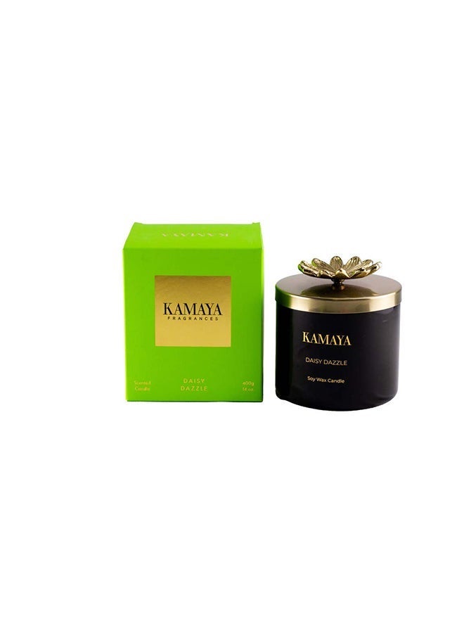 KAMAYA Blossom Caboodle Daisy Dazzle Collection 3 wick scented jar Soy wax candle with Handmade lid with a metal motif -400 gms | Floral Daisy fragrance | In a beautiful bright color gift box | Perfect for gifting on occasions - Image 2