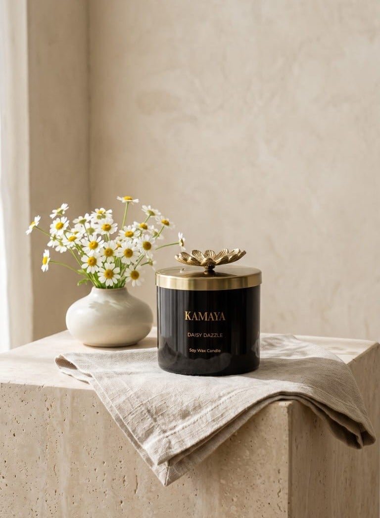 KAMAYA Blossom Caboodle Daisy Dazzle Collection 3 wick scented jar Soy wax candle with Handmade lid with a metal motif -400 gms | Floral Daisy fragrance | In a beautiful bright color gift box | Perfect for gifting on occasions - Image 1