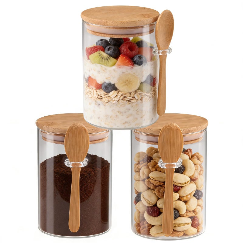 CDBOVID Set of 3 Airtight Glass Jars with Bamboo Lids and Spoons - 20oz Decorative and Durable Borosilicate Glass Canisters Perfect for Storing Coffee Beans,Tea,Flour,Sugar,Nuts,Candy,Bath Salts and More - Image 1