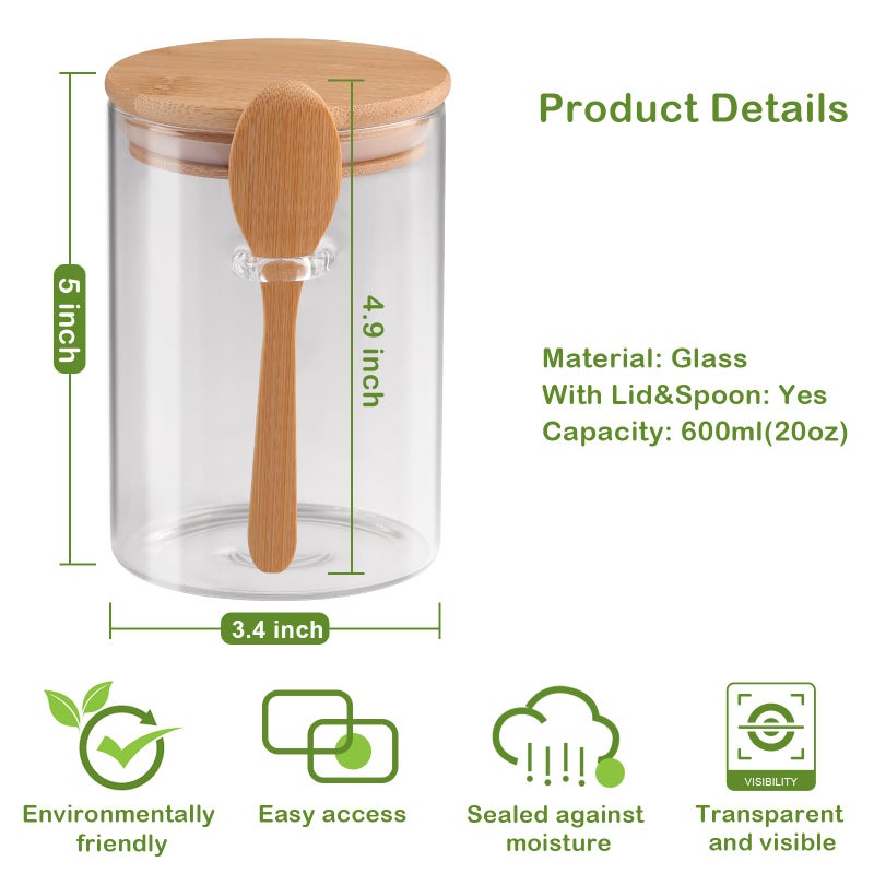 CDBOVID Set of 3 Airtight Glass Jars with Bamboo Lids and Spoons - 20oz Decorative and Durable Borosilicate Glass Canisters Perfect for Storing Coffee Beans,Tea,Flour,Sugar,Nuts,Candy,Bath Salts and More - Image 2