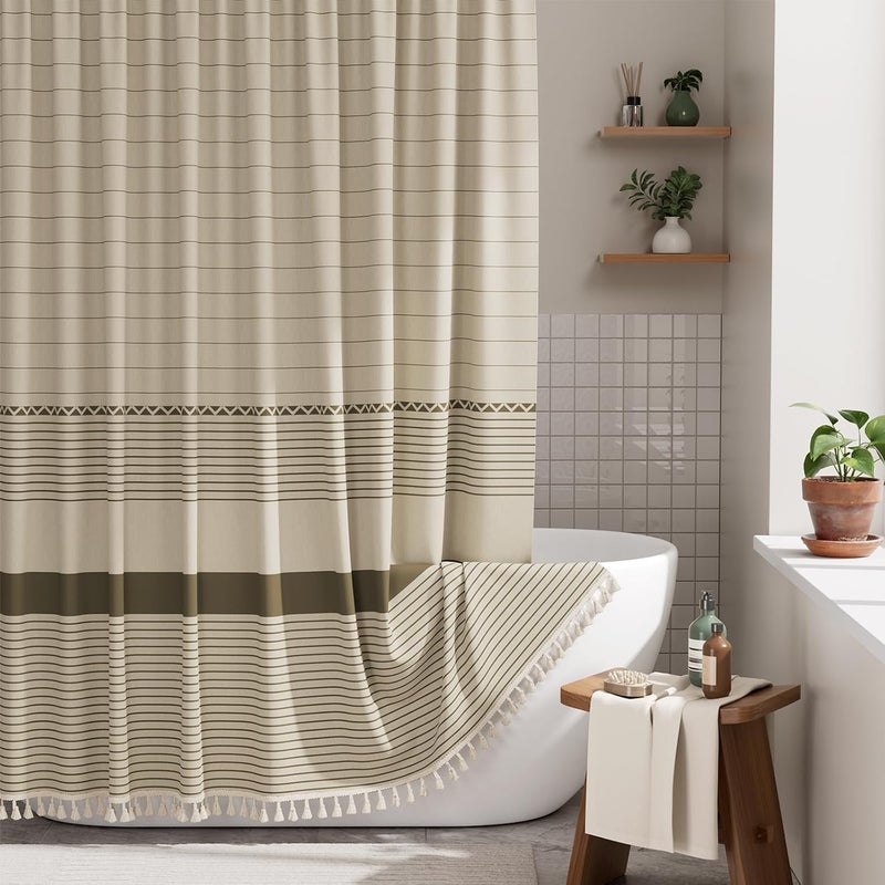 AmazerBath Farmhouse Shower Curtain Set with Tassels, Rustic Faux Linen Brown Striped Boho Design, 72x72 Inches - Image 1