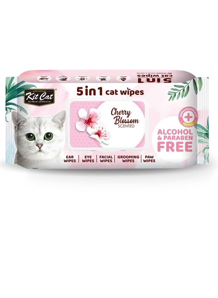 Kit Cat 5-in-1 Cherry Blossom Scented Ear Eye Face Grooming Paw Cat Wipes 80sheets 15X20Cm - Image 1