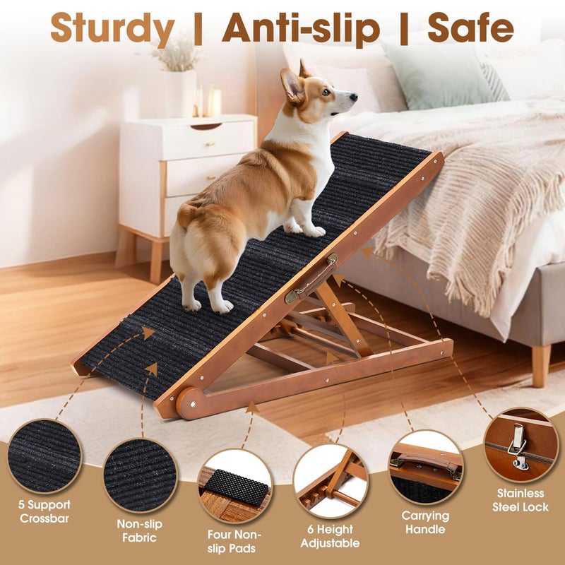 SweetBin Dog Ramp for Bed - Foldable Small to Large Dog Ramp for Couch - 6 Adjustable Height from 12" to 24" - Stairs with High Traction Mat - Wooden Ramp for Dogs to Get on Bed Couch Car Up to 200LBSï¼ˆWalnutï¼‰ - Image 3