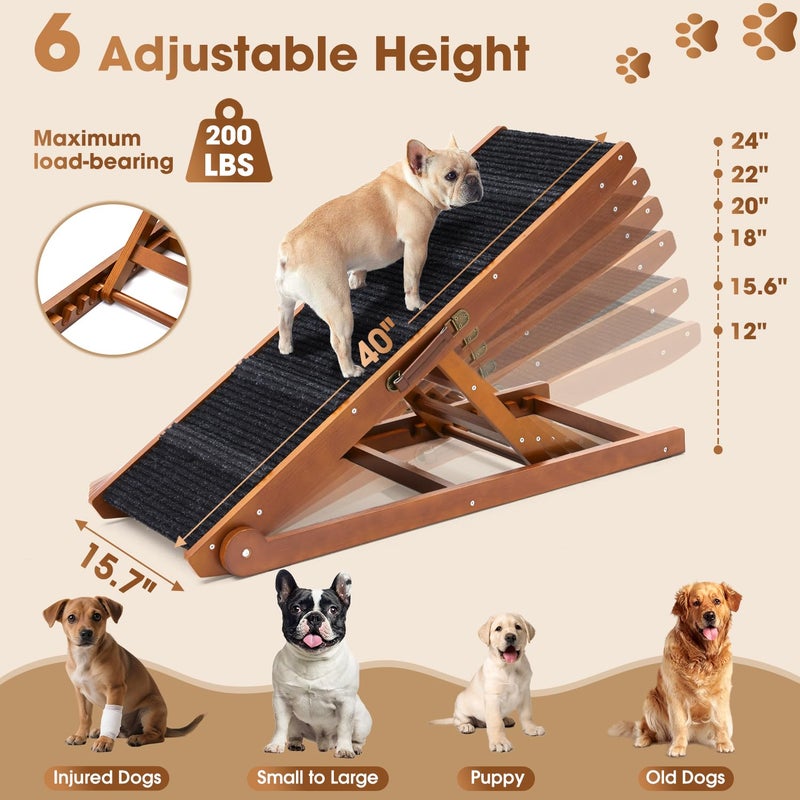 SweetBin Dog Ramp for Bed - Foldable Small to Large Dog Ramp for Couch - 6 Adjustable Height from 12" to 24" - Stairs with High Traction Mat - Wooden Ramp for Dogs to Get on Bed Couch Car Up to 200LBSï¼ˆWalnutï¼‰ - Image 2