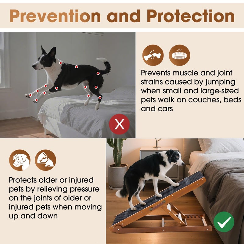 SweetBin Dog Ramp for Bed - Foldable Small to Large Dog Ramp for Couch - 6 Adjustable Height from 12" to 24" - Stairs with High Traction Mat - Wooden Ramp for Dogs to Get on Bed Couch Car Up to 200LBSï¼ˆWalnutï¼‰ - Image 5