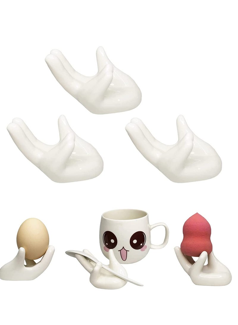 Excefore Air Plant Holder Creative Ceramic, 3 Pack Egg Cup Holder, Hand Shape Stand, Office Desk Base Airplant Display Container Pot, Ocarina Support for Table Shelf, Kitchen (White) - Image 1