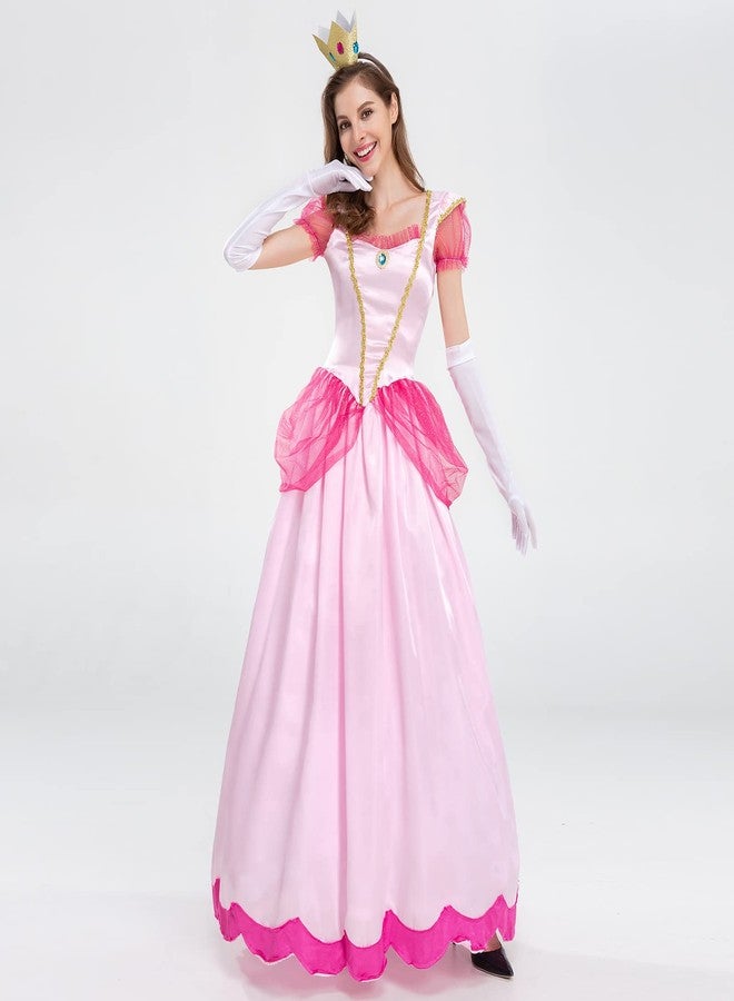 AGYMNX Womne's Princess Peach Costume with Crown and Gloves Halloween Birthday Party Dress up Fancy Costume Cosplay Outfit Pink S - Image 4
