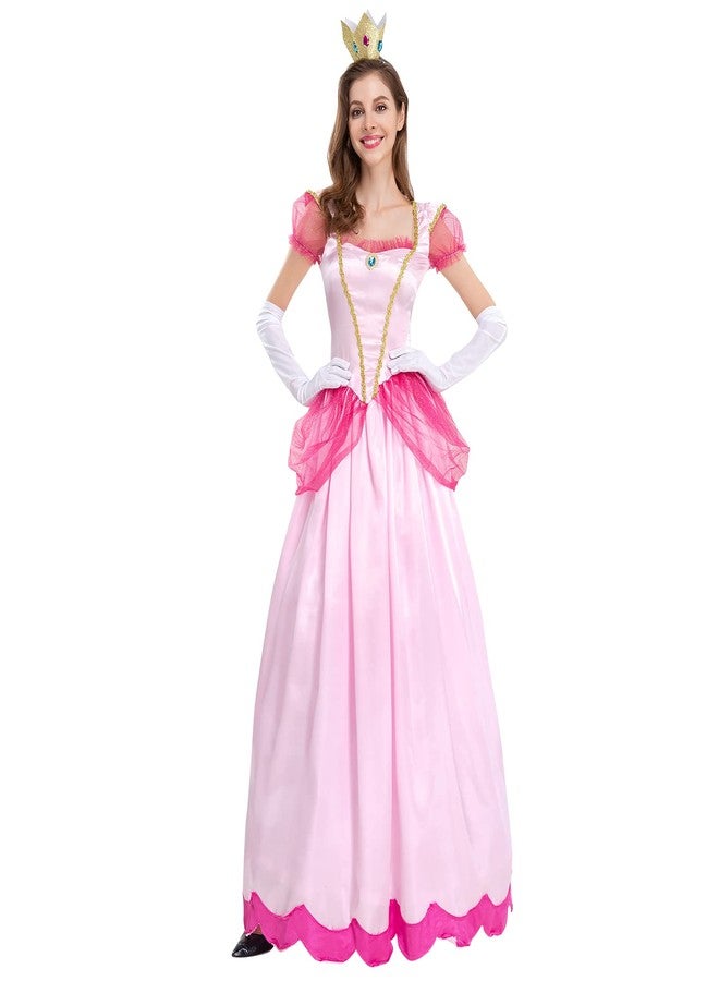 AGYMNX Womne's Princess Peach Costume with Crown and Gloves Halloween Birthday Party Dress up Fancy Costume Cosplay Outfit Pink S - Image 1