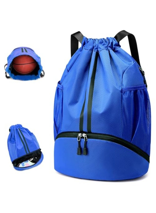 Tazweeq Drawstring Backpack, Water Resistant Sports Sackpack with Zipper/Shoe Compartment/Wet Pocket/Mesh Pockets, Gym Bag for Men, Large Capacity String Bag for Travel Soccer Swim Hiking(Blue)