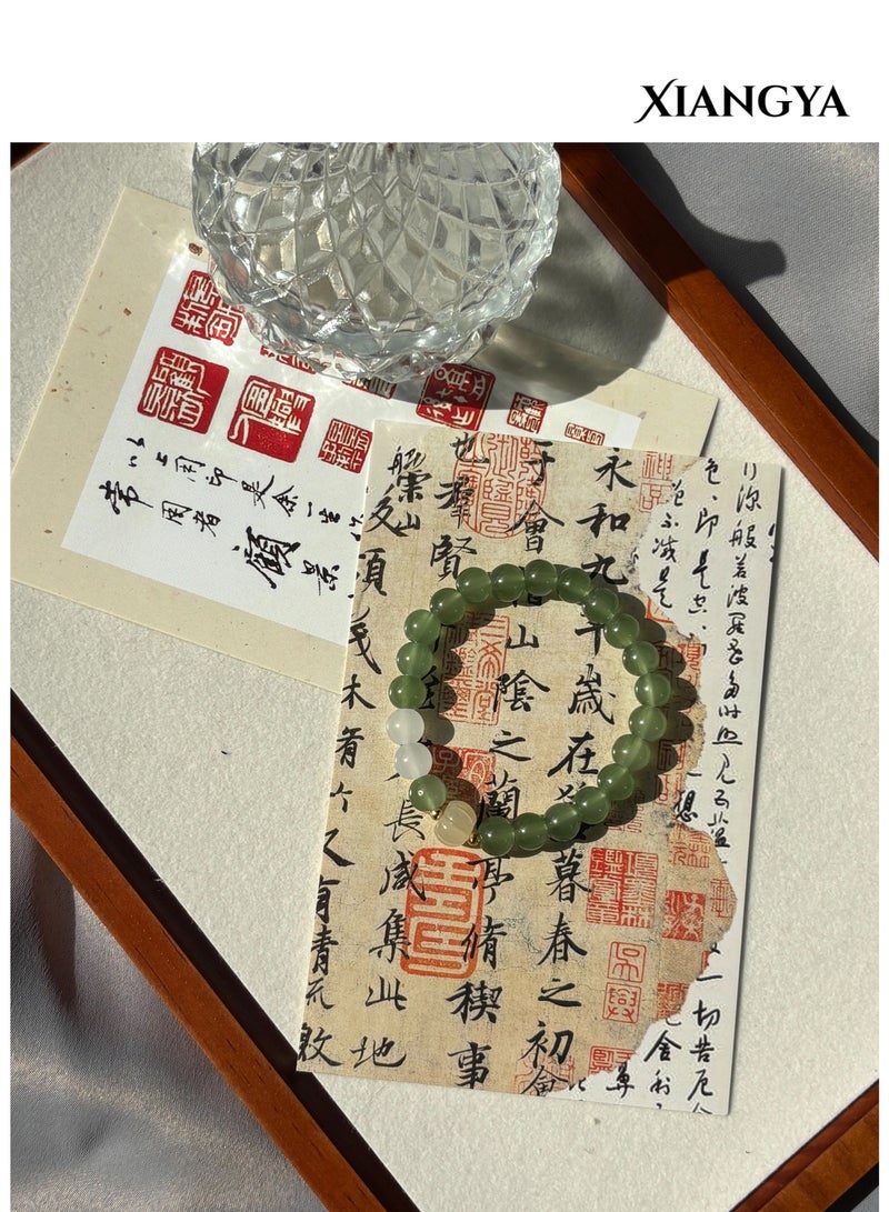 XIANGYA Green Jade Bracelet with Ice-Yellow Pumpkin Pearl & White Glass Accents, 8MM Round Beads, Elastic Minimalist Jewelry | Harvest Glow - Image 4