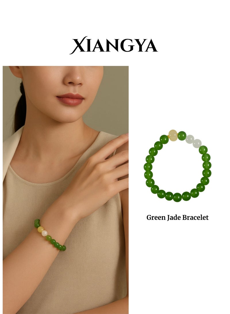 XIANGYA Green Jade Bracelet with Ice-Yellow Pumpkin Pearl & White Glass Accents, 8MM Round Beads, Elastic Minimalist Jewelry | Harvest Glow - Image 1