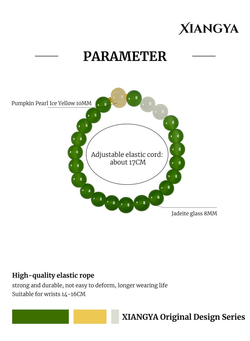 XIANGYA Green Jade Bracelet with Ice-Yellow Pumpkin Pearl & White Glass Accents, 8MM Round Beads, Elastic Minimalist Jewelry | Harvest Glow - Image 3
