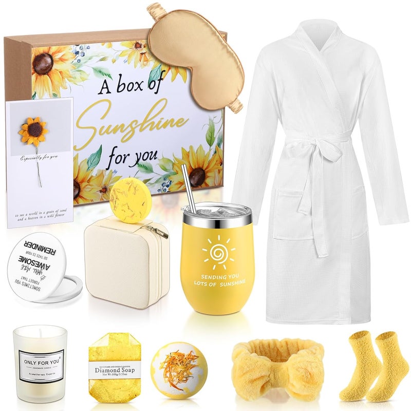 Nuogo 13 Pcs Valentines Day Spa Gifts for Girlfriend Birthday Gift Spa Gift Basket Set Gift Basket for Women Mirrors Socks Steamers Jewelry Case Bath Robe for Mom Girlfriend WifeYellow