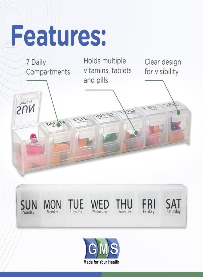 GMS Weekly Pill Organizer - 7-Day Labeled Compartment Pill Case for Supplements, Vitamins and Medication - Secure Latches - Ideal for Daily Use & Travel - Clear - Image 2