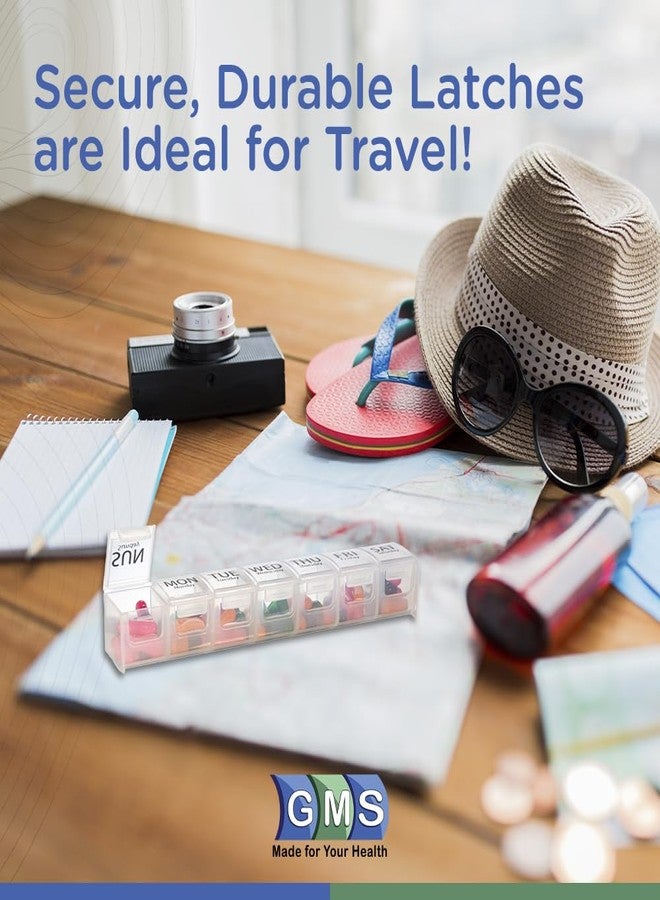 GMS Weekly Pill Organizer - 7-Day Labeled Compartment Pill Case for Supplements, Vitamins and Medication - Secure Latches - Ideal for Daily Use & Travel - Clear - Image 3