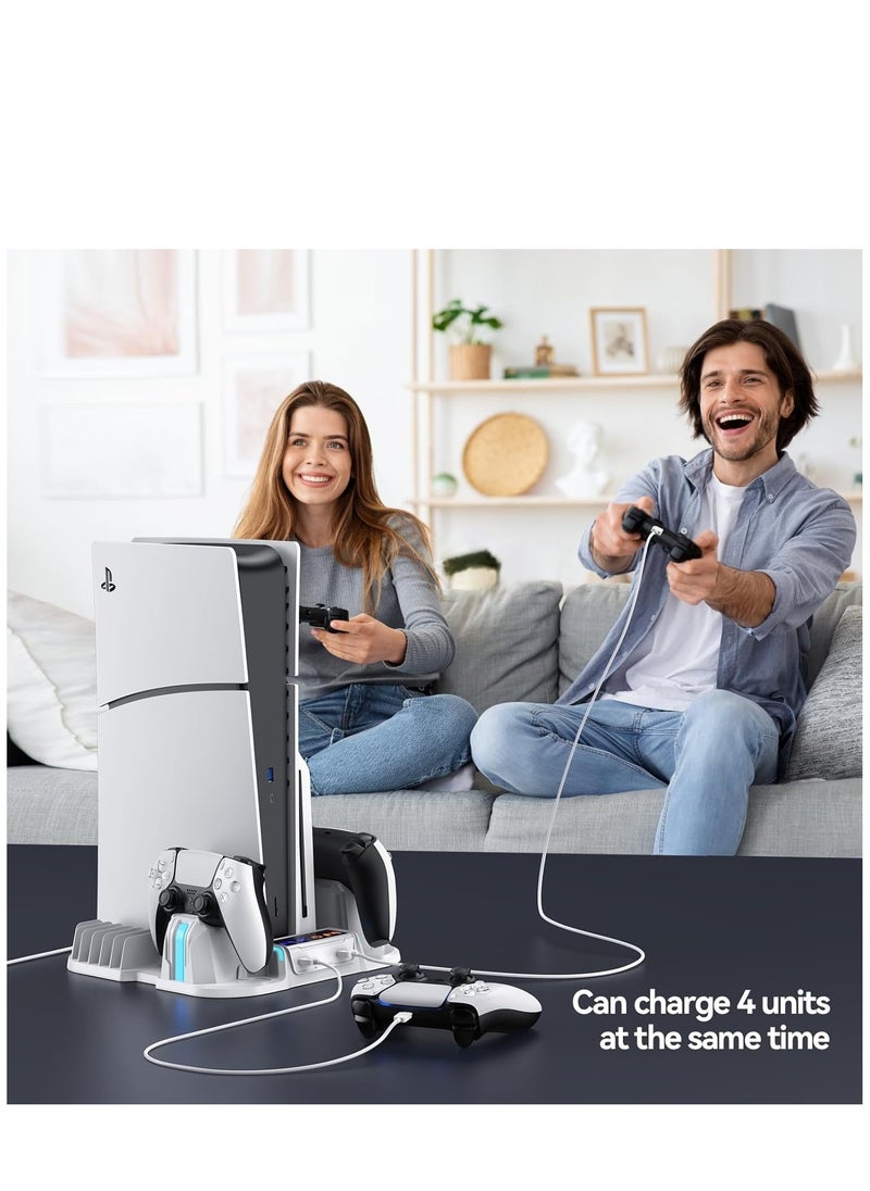 PGTECH - PS5 Slim Cooling Stand with Controller Charging Station for Playsation 5 Slim Console(Digital/Disc), PS5 Slim Accessories Includes 3-Level Cooling Fan and 12Pcs Game Storage - Image 1