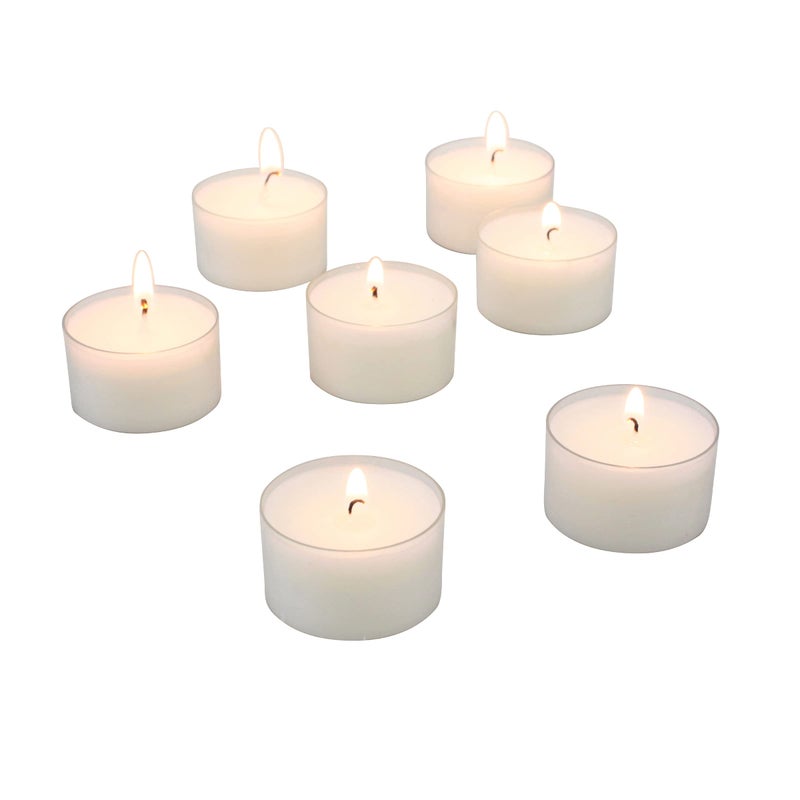 Stonebriar 48 Count White Unscented Smokeless Long Burning Clear Cup Tea Light Candles with 8 Hour Burn Time - Image 3