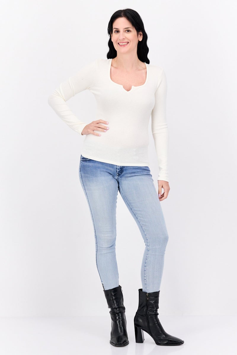 NIA Women Split Neck Long Sleeve Ribbed Top, Cream - Image 4