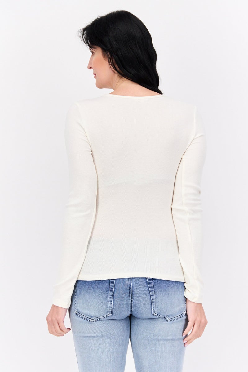 NIA Women Split Neck Long Sleeve Ribbed Top, Cream - Image 3
