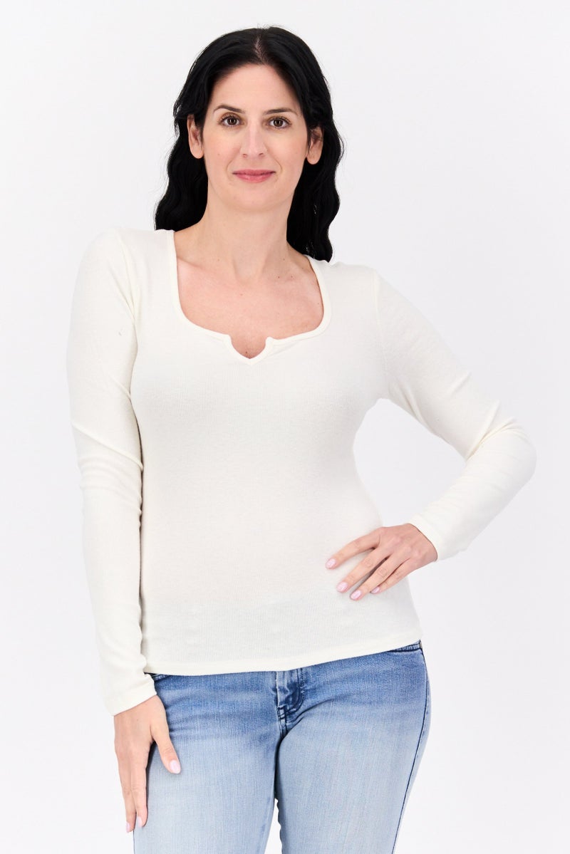 NIA Women Split Neck Long Sleeve Ribbed Top, Cream - Image 1