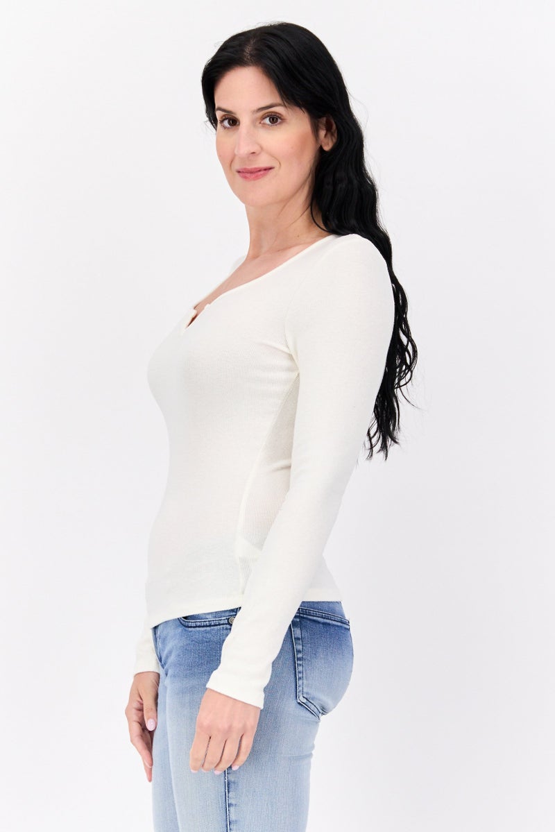 NIA Women Split Neck Long Sleeve Ribbed Top, Cream - Image 2