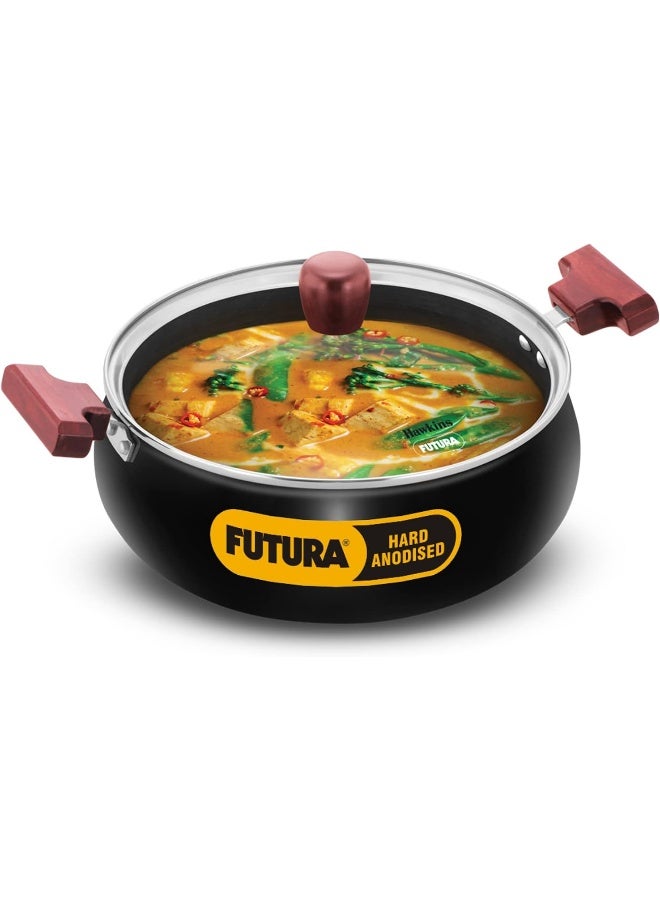 Hawkins Futura 5 Litre Hard Anodised Cook n Serve Handi Cooking Pot / Casserole with Glass Lid for Cooking and Serving, 3.25 mm Thick Base, Wooden handles, Induction Compatible (ACH50G), Black - Image 1