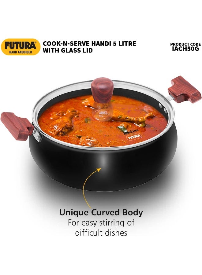 Hawkins Futura 5 Litre Hard Anodised Cook n Serve Handi Cooking Pot / Casserole with Glass Lid for Cooking and Serving, 3.25 mm Thick Base, Wooden handles, Induction Compatible (ACH50G), Black - Image 2