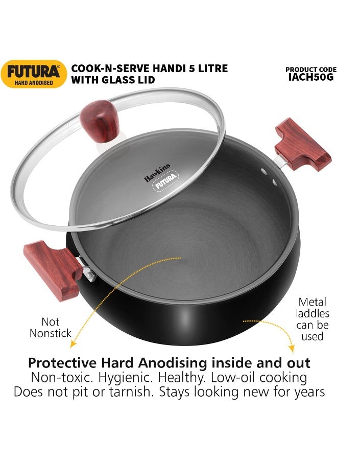 Hawkins Futura 5 Litre Hard Anodised Cook n Serve Handi Cooking Pot / Casserole with Glass Lid for Cooking and Serving, 3.25 mm Thick Base, Wooden handles, Induction Compatible (ACH50G), Black - Image 3