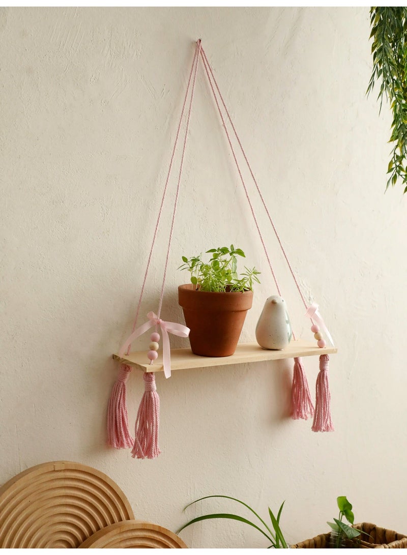 1-Piece Pink Tassel Hanging Shelf with Beads and Ribbon, “floating shelf”  Boho Style Wooden Wall Display Rack for Bedroom or Nursery Decor - Image 5
