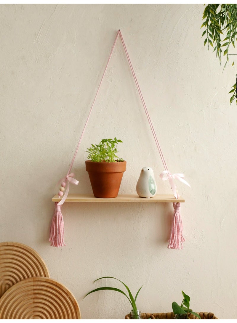 1-Piece Pink Tassel Hanging Shelf with Beads and Ribbon, “floating shelf”  Boho Style Wooden Wall Display Rack for Bedroom or Nursery Decor - Image 2