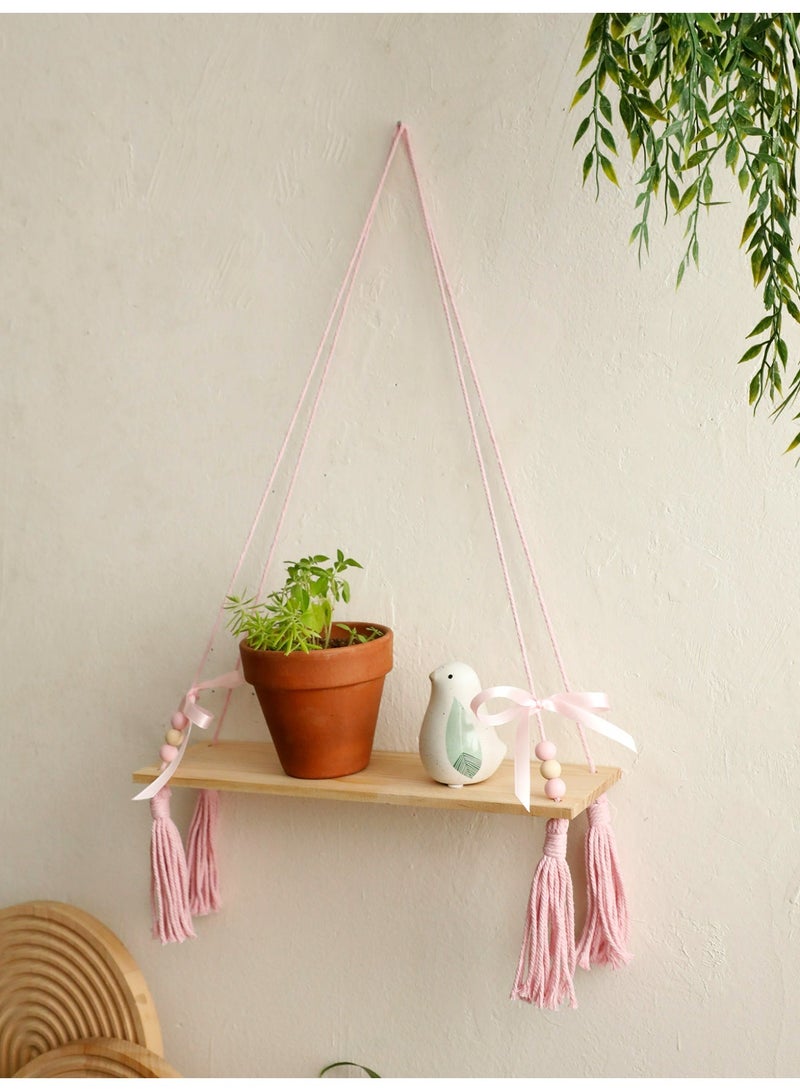 1-Piece Pink Tassel Hanging Shelf with Beads and Ribbon, “floating shelf”  Boho Style Wooden Wall Display Rack for Bedroom or Nursery Decor - Image 1