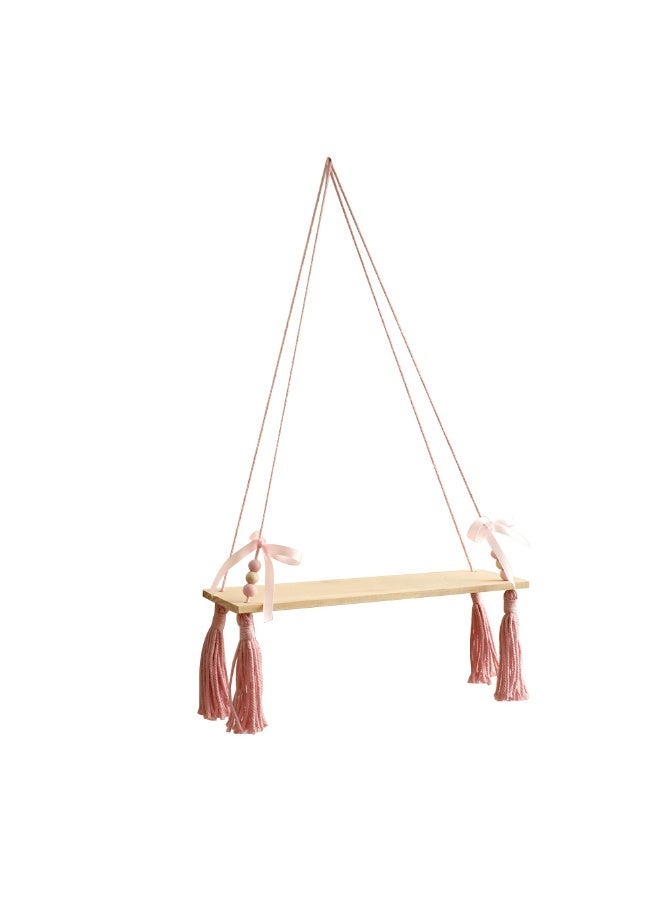 1-Piece Pink Tassel Hanging Shelf with Beads and Ribbon, “floating shelf”  Boho Style Wooden Wall Display Rack for Bedroom or Nursery Decor - Image 3