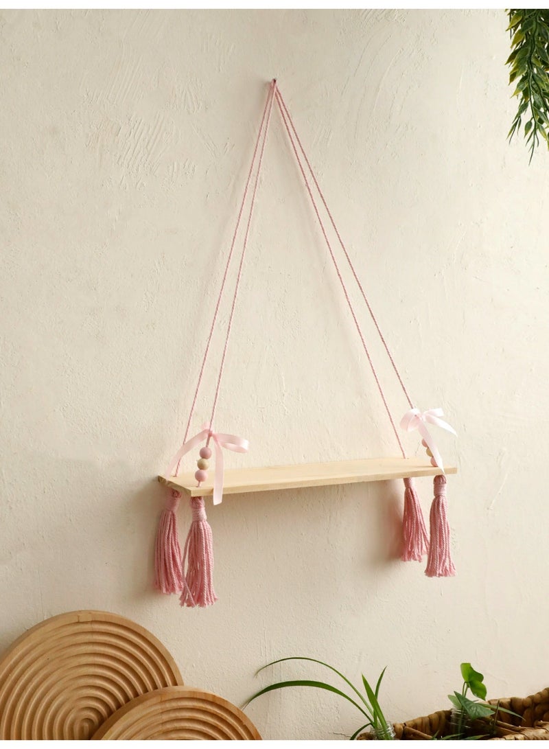 1-Piece Pink Tassel Hanging Shelf with Beads and Ribbon, “floating shelf”  Boho Style Wooden Wall Display Rack for Bedroom or Nursery Decor - Image 4