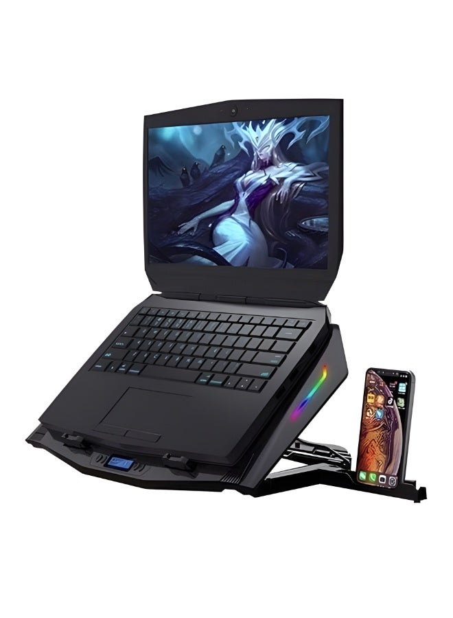 ICE-07 Laptop Cooling Fan - LCD Screen - Low Noise - For High Performance Gaming - Ergonomic Design with RGB Lighting - 2 USB Ports - Mobile Holder Included - Black - Image 2