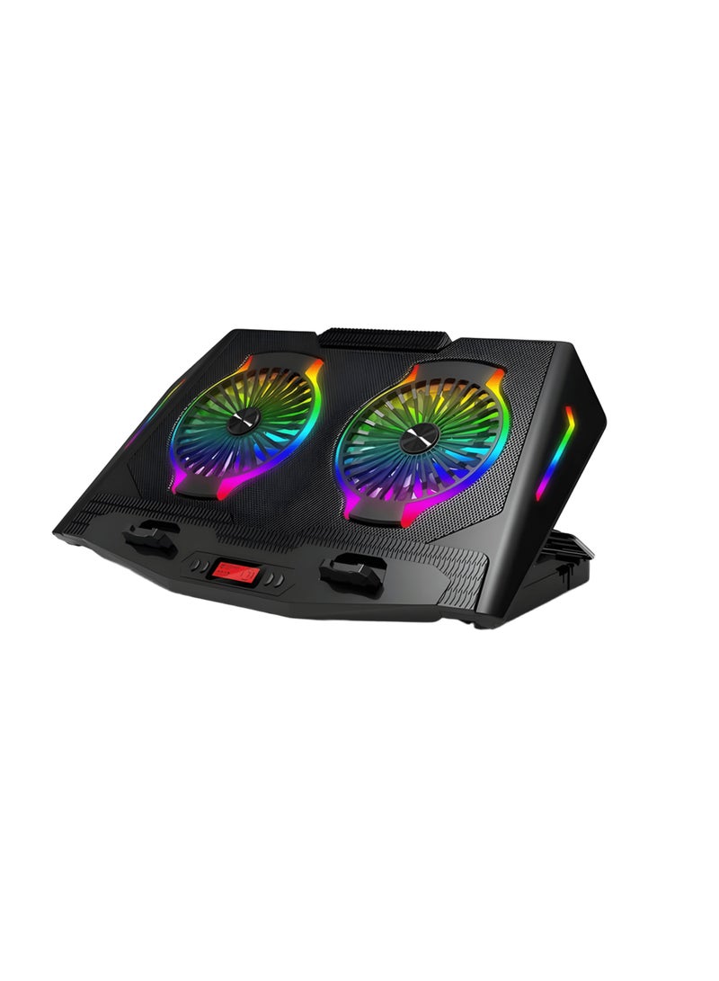 ICE-07 Laptop Cooling Fan - LCD Screen - Low Noise - For High Performance Gaming - Ergonomic Design with RGB Lighting - 2 USB Ports - Mobile Holder Included - Black - Image 1