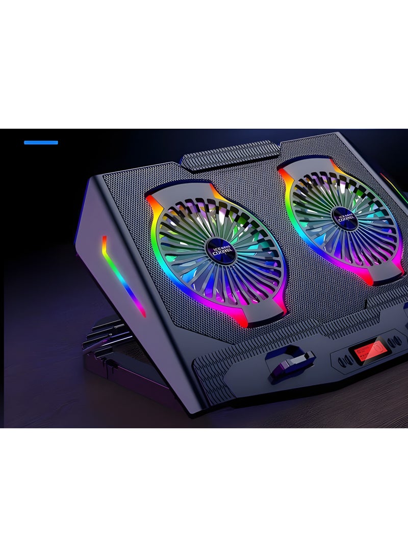 ICE-07 Laptop Cooling Fan - LCD Screen - Low Noise - For High Performance Gaming - Ergonomic Design with RGB Lighting - 2 USB Ports - Mobile Holder Included - Black - Image 4