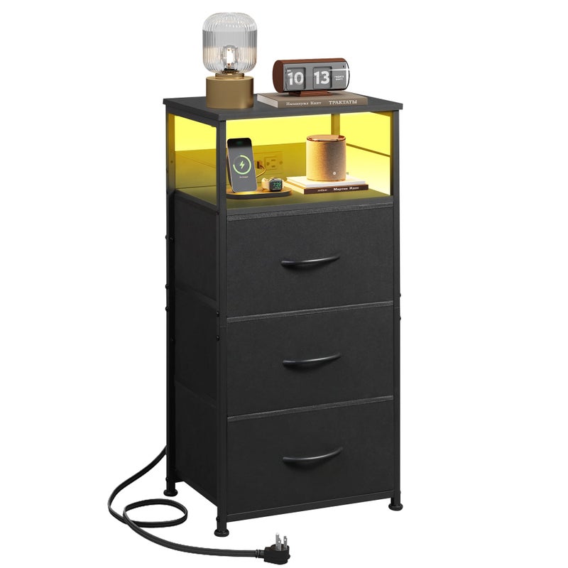 WLIVE LED Nightstand with Charging Station Black Night Stand with 3 Fabric Drawers and Storage Shelf Small Dresser for Small Space 319 H Bedside Table with USB Ports and Outlets for Bedroom