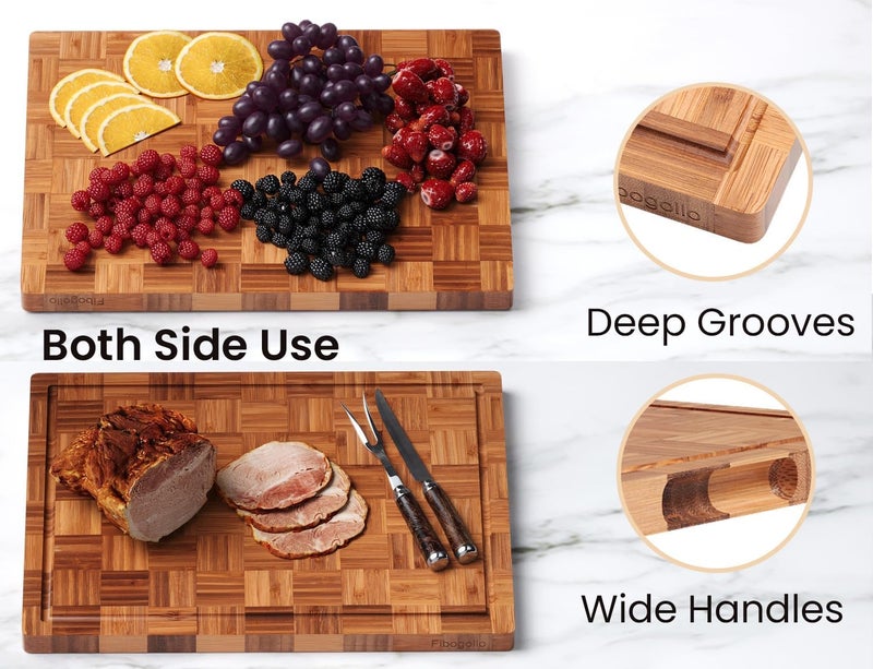 Fibogollo Bamboo Cutting Boards for Kitchen(Set of 3),Chopping Boards with Juice Groove,End Grain Serving Board with Holder,Bamboo Butcher Block for Meat,Vegetables,Fruit - Image 4