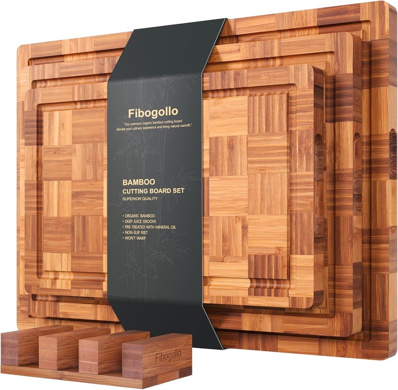 Fibogollo Bamboo Cutting Boards for Kitchen(Set of 3),Chopping Boards with Juice Groove,End Grain Serving Board with Holder,Bamboo Butcher Block for Meat,Vegetables,Fruit - Image 1