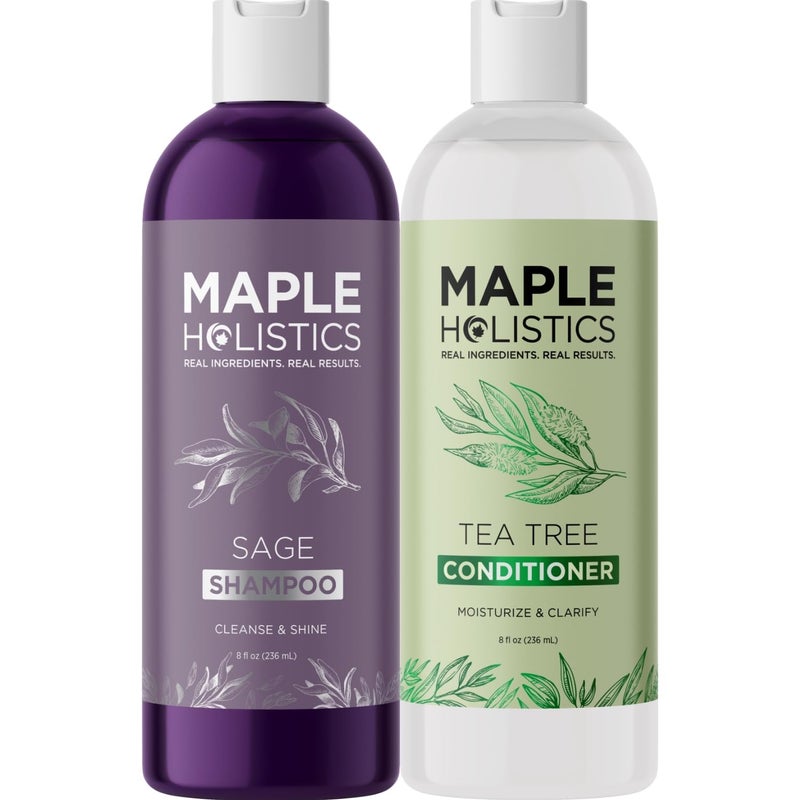 Maple Holistics مجموعة شامبو وبلسم خالية من الكبريتات - شامبو وبلسم شجرة الشاي والميرمية وإكليل الجبل للعناية بفروة الرأس الجافة والمتقشرة - شامبو وبلسم تنظيف عميق وآمن للألوان للعناية بالشعر الجاف التالف
