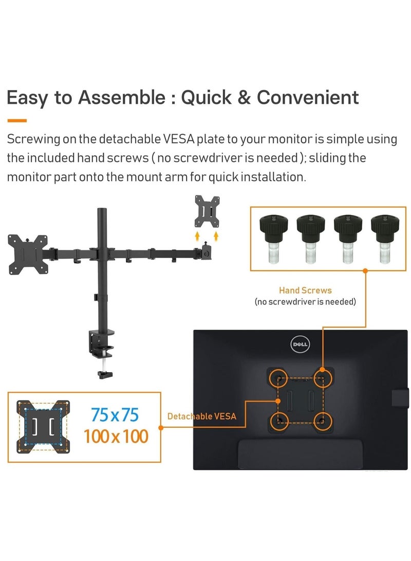 Dual Monitor Mount Stand,LCD Monitor Fully Adjustable Desk Mount Stand Fits Two Screens up to 13-27 inch, Load-bearing capacity within 10kg(Black) - Image 4