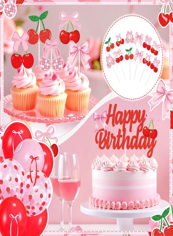 K KUMEED Cherry Birthday Decorations,Cute Happy Birthday Cherry and Bow Banner,Summer Fruit Cherries Party Supplies Cake Topper Latex Balloons for Birthday Party Decorations - Image 4