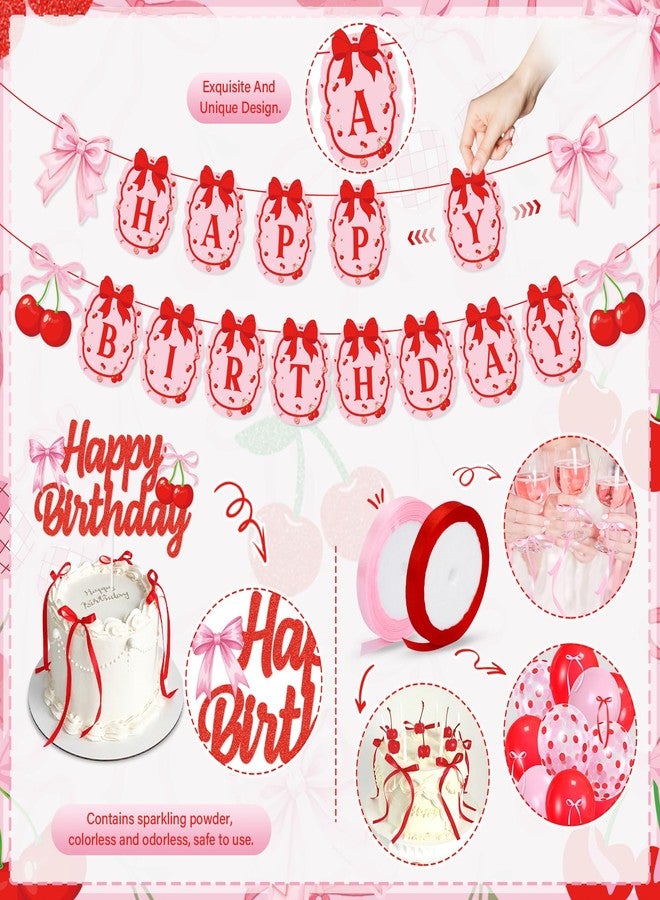 K KUMEED Cherry Birthday Decorations,Cute Happy Birthday Cherry and Bow Banner,Summer Fruit Cherries Party Supplies Cake Topper Latex Balloons for Birthday Party Decorations - Image 3