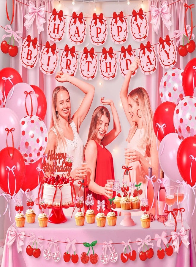 K KUMEED Cherry Birthday Decorations,Cute Happy Birthday Cherry and Bow Banner,Summer Fruit Cherries Party Supplies Cake Topper Latex Balloons for Birthday Party Decorations - Image 5